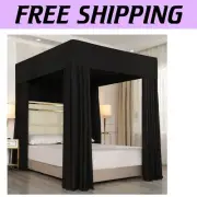 4-Sided Black Canopy Bed Curtains - Elegant Light-Blocking Design for Queen Beds