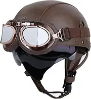 Vintage Motorcycle Half Helmet with Goggles,DOT Certified German Style Retro Leather Helmet Vintage Open Face Motorcycle Helmet for Men and Women Scooter Moped Cap (Color : B, Size : M=57-58cm)