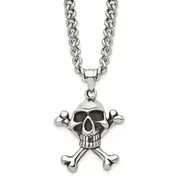 Stainless Steel Chisel Antiqued And Polished Skull Crossbones Pendant On A 24 Inch Curb Chain Necklace