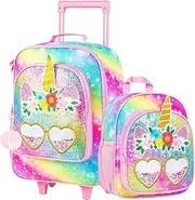 [FTJCF] 2Pcs Kids Suitcase for Girls Boys, 18" Carry on Luggage with wheels, Unicorn Dinosaur Mermaid Cat Travel Rolling Set, Unicorn Pink, One Size, School