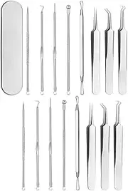 Blackhead Remover Kit with Box, Professional Stainless Steel Comedones Extractor Tool, Acne Tweezer, Pimple Popper, Blackhead Needle & Curved Tip Tool for Nose, Face, Facial Blemish Removal (16 Pcs)