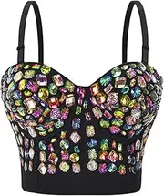 [Perfeclan] Rhinestone Beaded Corset Corset Top Bra Bejewled for Women Clubwear Crop Top Bra Push up Bra for Performance Stage Nightclub