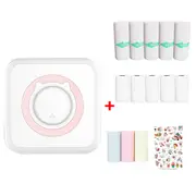 Portable Mini Printer Thermal Bluetooth Wireless with 5 Rolls of Printing Pater and Adhesive Tape, 3 Rolls of Colorful Print Paper, Sticker - Pink