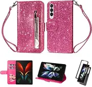 Wallet Case for Samsung Galaxy Z Fold5 5G,Magnetic Flip Case with Zipper Pocket & Card Holder & Kickstand & Wrist Strap Glitter PU Leather Shockproof Cover Women for Samsung Z Fold5 Case(Rose red)