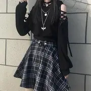 Lace-Up Long Sleeve Cat Ear Hooded Top / Plaid A-Line Skirt Skirt - S