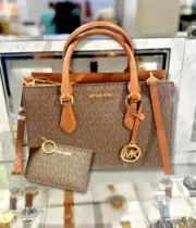 Michael Kors Sheila Medium Satchel Bag + Top Zip Coinpouch w/ ID Wallet (Brown)