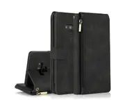 For Samsung Galaxy Note 9 Case, Leather Zipper Purse Flip Cover Case with Card Slot Holder Wrist Strap Lanyard (Black)