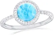[Beaux Bijoux] Sterling Silver Natural Larimar Ring - Beautiful Blue Larimar Stones - Hypoallergenic Round Larimar Rope Design Ring for Women