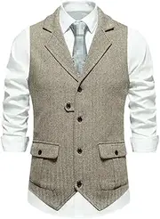 [Kiioouu] Men's Retro Herringbone Tweed Suit Vest Turn-Down Collar Male Waistcoat Slim Fit Formal Business Casual Vest Homme Big Pocket