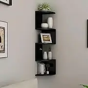 5-Tier PVC Wall-Mounted Corner Floating Bookshelf, Wall Storage Rack - 33-Inch L-Shaped Design Shelf, Suitable for Living Room, Bedroom, Bathroom, Home Office, Shelves (Black)