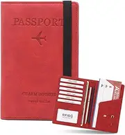 [Huakaile] Leather Passport Holder Cover Case RFID Blocking Travel Wallet, Passport Ticket Vaccine Card Slot and Pen Holder, Passport and Vaccine Card Holder Combo with Elastic Strap (Red)