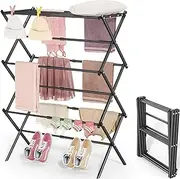 SYKIARIOL Clothes Airer, 3-Tier Clothes Drying Rack, Indoor Foldable Laundry Drying Rack,Collapsible Clothing Dryer,Adjustable Towel Rack for Clothes, Bed Linen, Scarves, Socks, Black