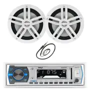 Pyle Bluetooth Marine Receiver, 2x 6.5" 180W White Boat Audio Speakers, Antenna
