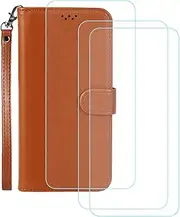 LCEHTOGYE Cover for Blackview A53 + 3 Slice HD Tempered Glass,Shell PU BracketBumper Protective Back Case - Anti-Scratch Screen Protector for Blackview A53-YSFP - Brown