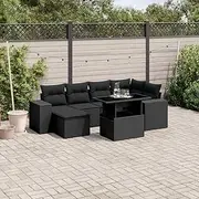 7 Piece Garden Sofa Set with Cushions, Black Poly Rattan, Weather-Resistant Outdoor Furniture with Adjustable Tabletop and Modular Design, Dimensions: Sofa 62x62x69 cm, Armrest Sofa 83x62x69 cm