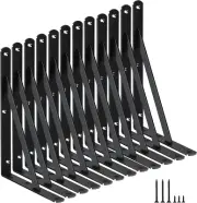 Heavy Duty Black Metal Shelf Brackets - 12 Pack with Screws, 8" x 11