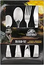 Jurassic World Children's Cutlery Stainless Steel 4-Piece Cutlery Set with Dino Engraving Cutlery with Knife, Fork, Soup Spoon and Dessert Spoon