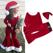 [TOZLU] Toddler Kids Baby Girls Cosplay Tops Set Christmas Pants Hat Belt Set Outfit Long Bell-Bottom Pants Clothes Sets