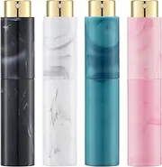 Tekson 10ML Perfume Atomizer Travel (4 PCS), Refillable Cologne Containers, Dispenser Spray Empty Bottle for Mini Sprayer Size (Black&Pink&White&Blue, Marble)