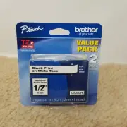 2 Tapes Genuine Brother TZe-2312PK - 12mm 1/2" Black on White P-Touch TZ tape