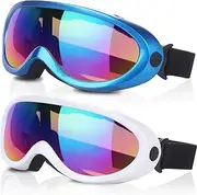 RNGEO Ski Goggles, Pack of 2, Snowboard Goggles for Kids, Boys & Girls, Youth, Men & Women, with UV 400 Protection, Wind Resistance, Anti-Glare Lenses, New Edition