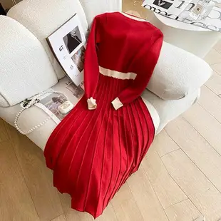 ANNAS 正韓 聖誕節洋裝 針織洋裝 連身裙 小香風 長洋裝 聖誕 新年 過年 金屬釦 紅色洋裝 韓國