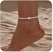 [Shegirl] Boho Pearl Anklet Bracelet Handmade Rice Bead Ankle Bracelet Gold Double anklet Foot Jewelry for Women, 7, Alloy, no gemstone