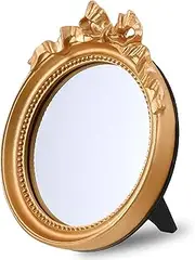 Gold Vintage Vanity Makeup Desk Mirror 4.2 inch Vintage Wall Mirror Traditional Roundness Table Mirror Antique Mirror with Resin Frame Small Gold Round Wall Mirror for Bedroom Bathroom Tabletop Wall