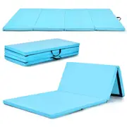 Costway 4-Fold Gymnastics Mat Floor Exercise Yoga Mat Waterproof PU Leather Tumbling Mat High-Density Foam Blue