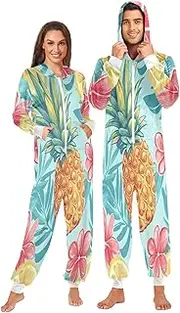 [ZZXXB] Pineapple Hibiscus Flower Onesie Pajamas for Adult Women Men Long Sleeves One Piece Onesies Hooded Sleepwear S - XL