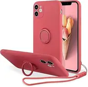 UEEBAI Case for iPhone XR, Slim Liquid Silicone Phone Case with 360 Rotatable Ring Holder Kickstand Fashion Hand Strap Magnetic Car Mount Shockproof TPU Bumper Cover - Rose Red