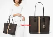Michael Kors Eva Large Logo Stripe Tote Bag +Pouch Black Camel $298 NWT Packed