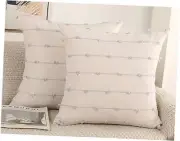 Set of 2 Boho Throw Pillow Covers 24x24,Stone Grey and White Neutral Couch