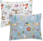 HOPPO Baby&Kids Toddler Pillowcases Set of 2 Fits Pillows Sized 13 x 18 or 14 x 19 Envelope Style Soft 100% Cotton Breathable Durable Hypoallergenic Machine Washable Pillow Case Cover Jungle & Animals