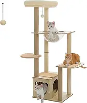 PAWZ Road Modern Cat Tree, 135cm Wood Cat Tower for Indoor Cats, Cat Furniture with 4 Sisal Covered Cat Scratching Posts, Cute Cat Tower, Capsule Nest and Dangling Balls