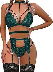 [Generic] Lingerie for Women Open Crotch Lace Garter Solid Color Lingerie Set with Removable Choker Strappy Bra and Panty Set No Stockings Sexy Outfits for Women Party Night