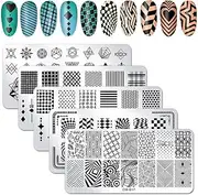 WOKOTO 5Pcs Nail Plates Stamping Set With Classic Geometric Stars Nail Image Plate Stamping Nail Art Kit For Women Girls