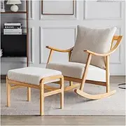 Rocking Chair Wooden Glider Rocker Chair Nursing Chair Mid-Century Modern Upholstered Fabric Rocking Armchair with Ottoman & Thick Padded Cushion for Living Baby Room,Bedroom (Color : White, Size :