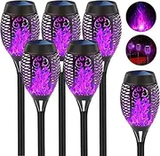Solar Outdoor Lights 6 Pack, Purple Torches With Flickering Flame, Auto On/Off Waterproof for Pathway Yard Christmas Decor Garden Lights
