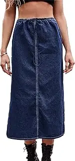[Aosufei] Women's Split Hem Drawstring Jean Skirt Elastic Waist Stretchy Cargo Skirt Casual Solid Denim Midi Skirts