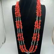 Santo Domingo Coral & Turquoise 3 Strand Beaded 30” Necklace By Verna Garcia
