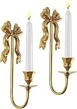 Bolifish Vintage Gold Bow Candle Holders Set of 2, Solid Brass Wall Mounted Tapered Candle Sconce, Candle Holder Wall Decor for Living Room, Bedroom and Hallway