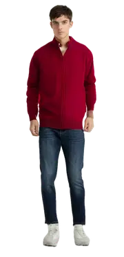 Full Zip 100% SHETLAND WOOL Up Knit JUMPER Pullover Mens Sweater Knitted - Red
