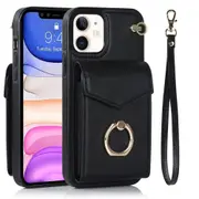 RFID Anti-Theft iPhone Wallet Case With Card Holder Finger Ring Holder-Black