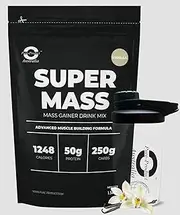 Pure Product Australia - Super Mass Gainer Protein Powder - 50g Protein per Serving, 250g Carbs, Supports Muscle Gain & Recovery, High-Calorie Formula for Energy Boost - 7.5Kg Vanilla + Glass shaker