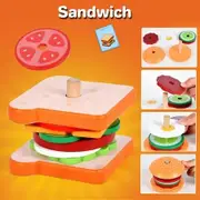 Wooden Sandwich Stacking Toys, Montessori Toys with Flash Cards Sandwich Food Early Educational Preschool Study for Birthday Gift Xmas Party School