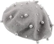 [HORIALENCE] Elegant Faux Pearl Beret Hat for Women Imitation Wool Bucket Hat Classic French Style Versatile Accessory for Fashion for Daily Life Travel and Shopping Light Grey