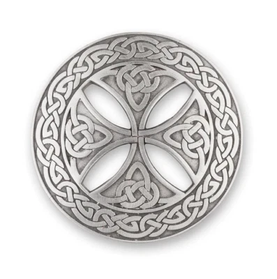 Celtic Cross & Knotwork Border Matt Pewter Scottish Traditional Plaid Brooch