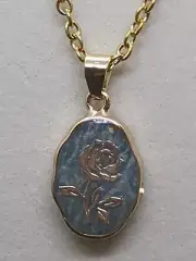 GENUINE AMAZONITE Crystal With Gold Print Rose Pendant Necklace 18"