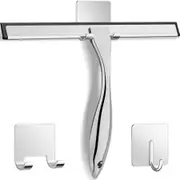 All-Purpose Stainless Steel Shower Squeegee for Shower Doors with 2 Hooks, Bathroom Cleaner Tool Household Window Mirror Squeegee for Home Cleanin Car, 10 Inch Silver